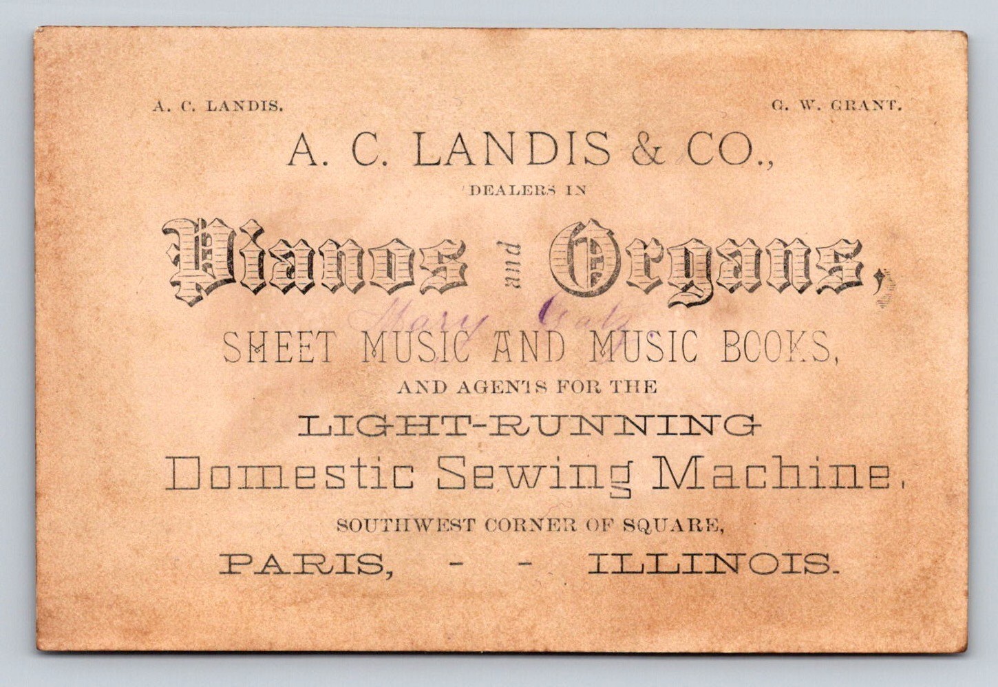 Girl Doll A C Landis Pianos Organs Domestic Sewing /machine Trade Card P911