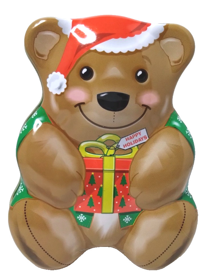 Happy Holidays Tin Box Company Of America Vintage Molded Teddy Bear Tin