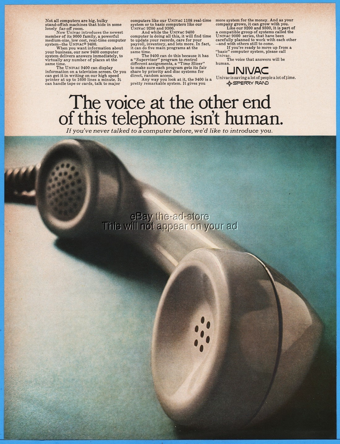 1968 UNIVAC 9400 mainframe computer 9000 series Voice on phone isn’t human Ad