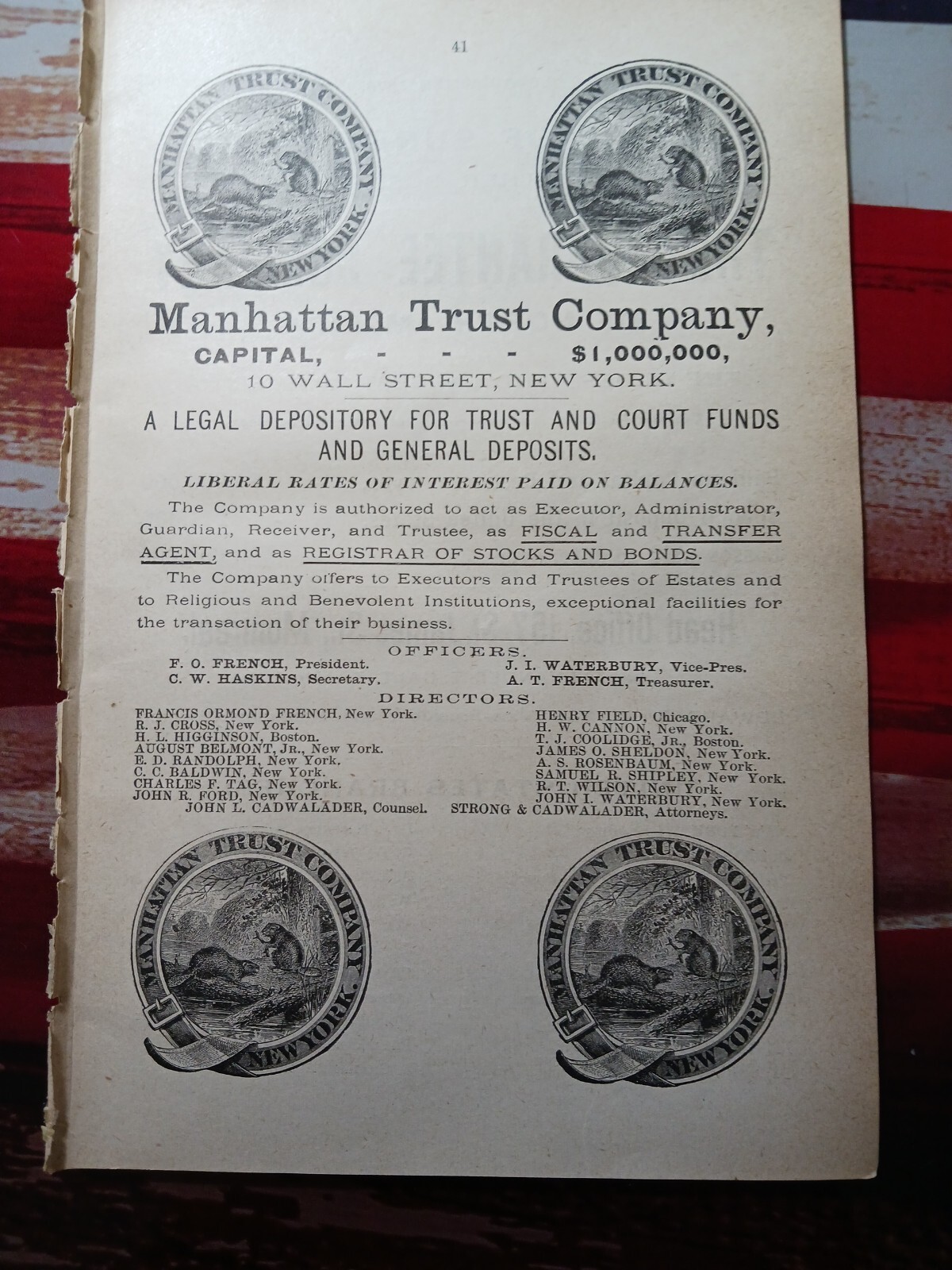 1889 Print Ad ~ MANHATTAN TRUST COMPANY Francis French Stocks & Bonds Wall St NY