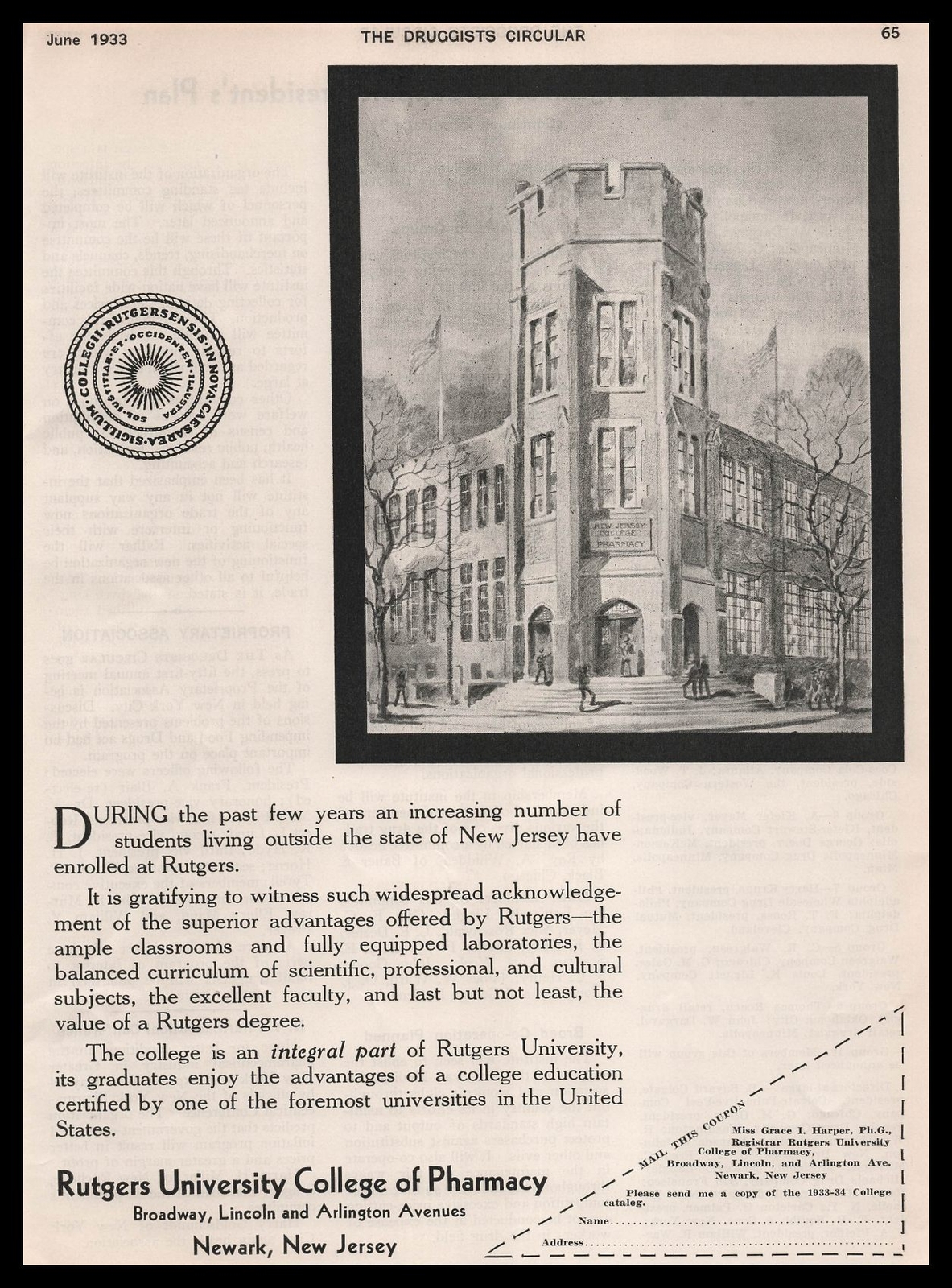 1933 Rutgers University College Of Pharmacy Building Newark New Jersey Print Ad