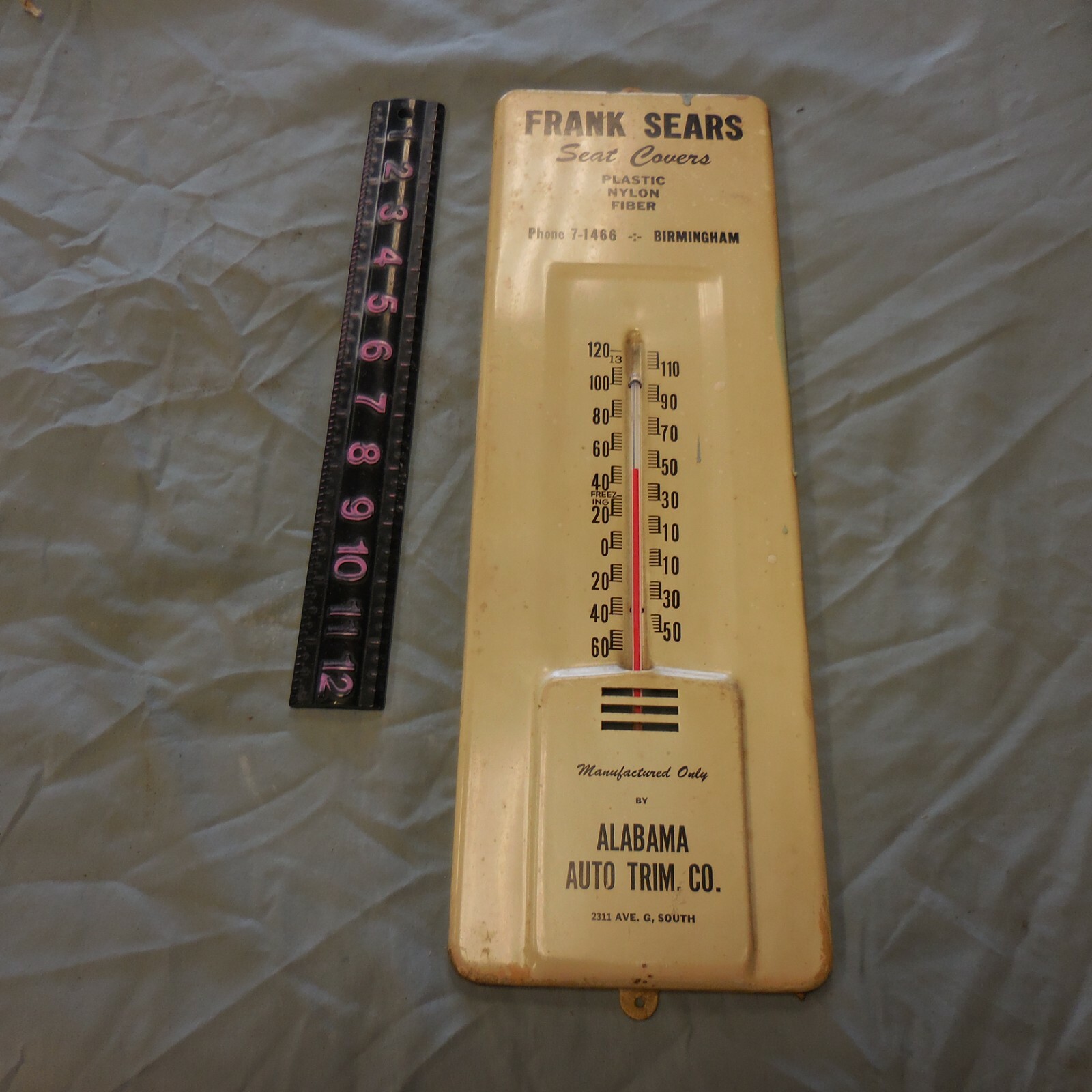VINTAGE FRANK SEARS SEAT COVERS BIRMINGHAM,AL — Metal Wall Thermometer