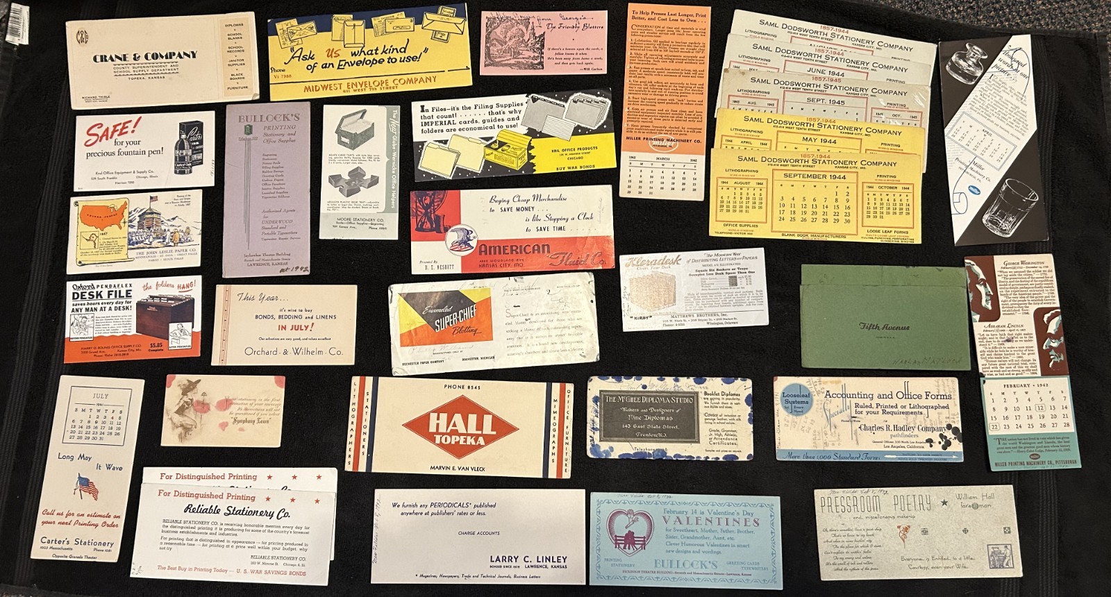 1940s blotters group -office supplies, ink, stationery, printers all over the US