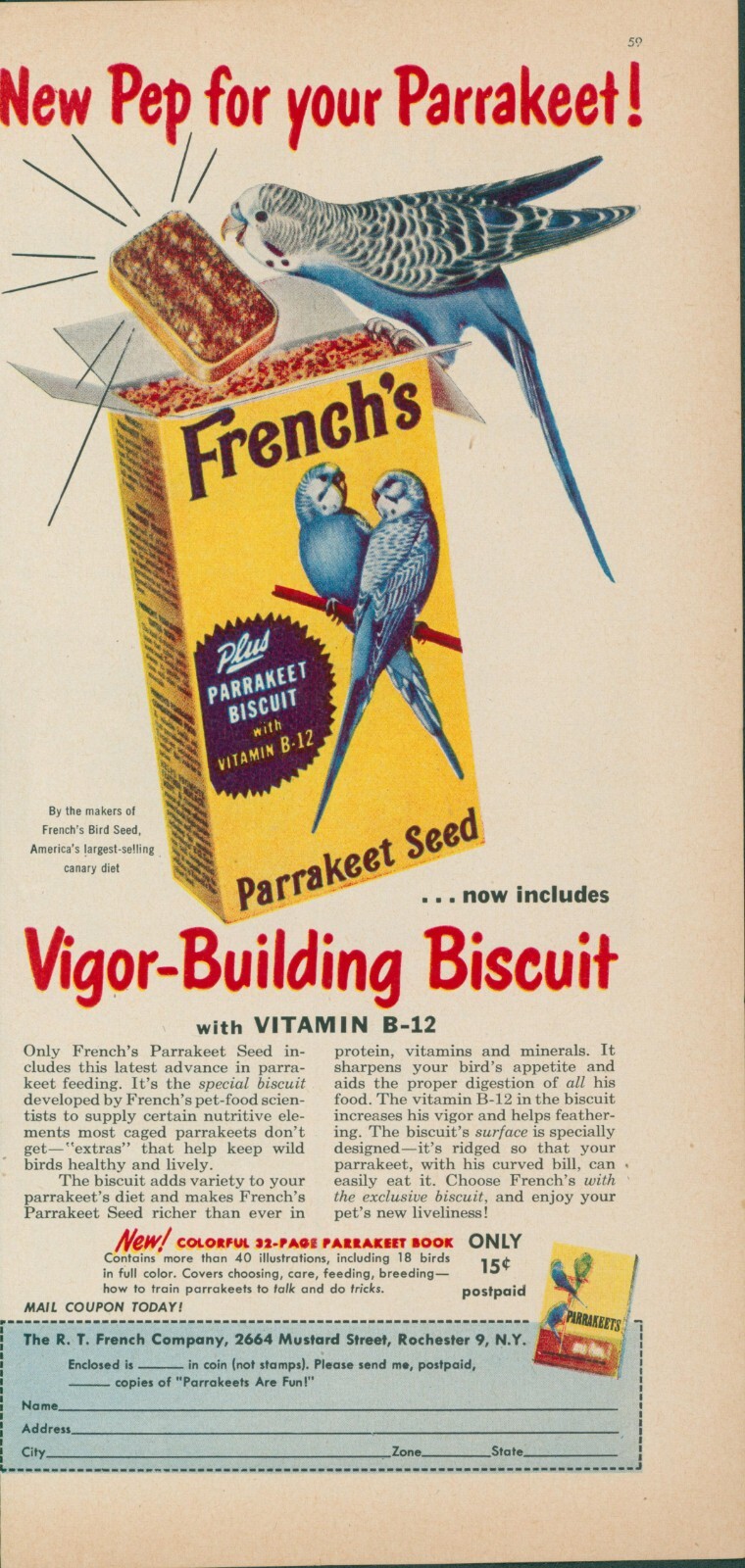 1954 French’s Parrakeet Seed Parakeet Budgie Pep Vigor Building Biscuit Ad BL2
