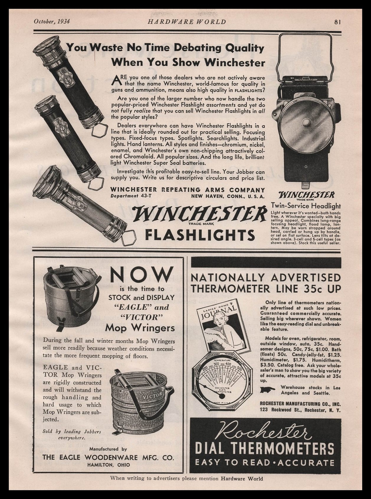 1934 Winchester Repeating Arms Co. Flashlights & Twin Service Headlight Print Ad