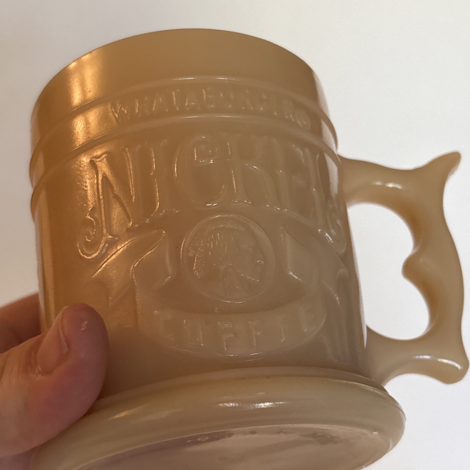 VTG Whataburger Mug 3 3/4″ Buffalo Nickel Coffee Butterscotch Pistol Grip USED