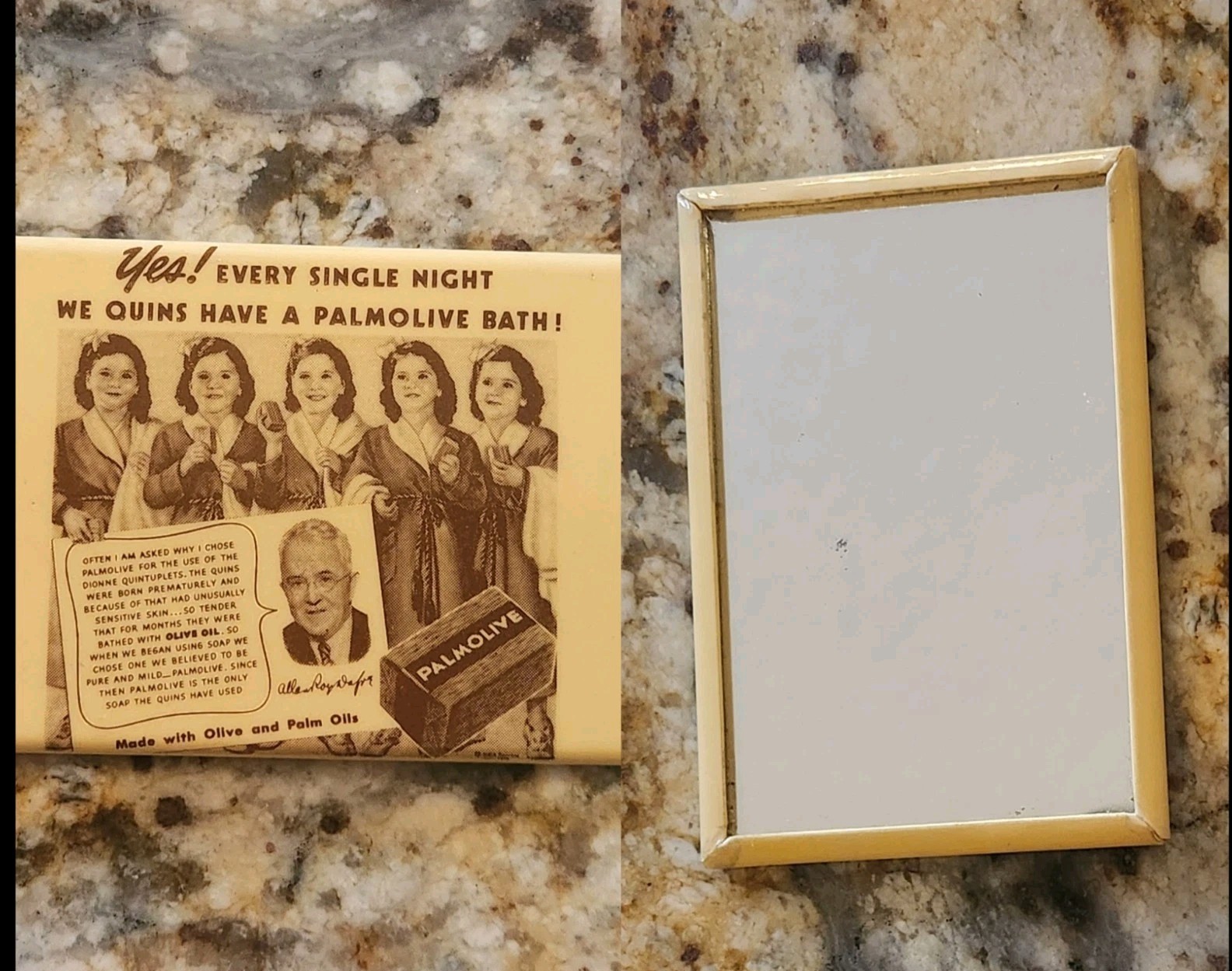 Vintage Pocket Celluloid Mirror Dionne Quintuplets Advertising Palmolive Soap