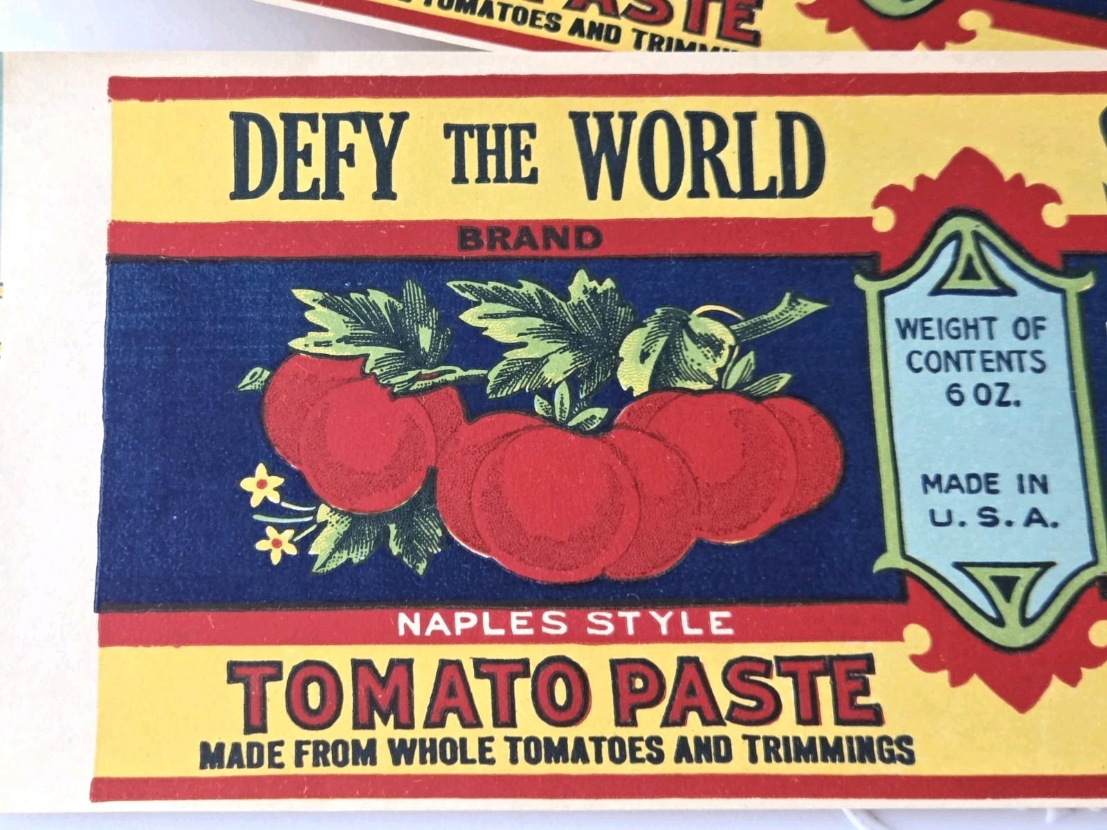 (10) DEFY THE WORLD TOMATO PASTE PAPER LABELS Est. 1940s QUINTON NJ EX COND