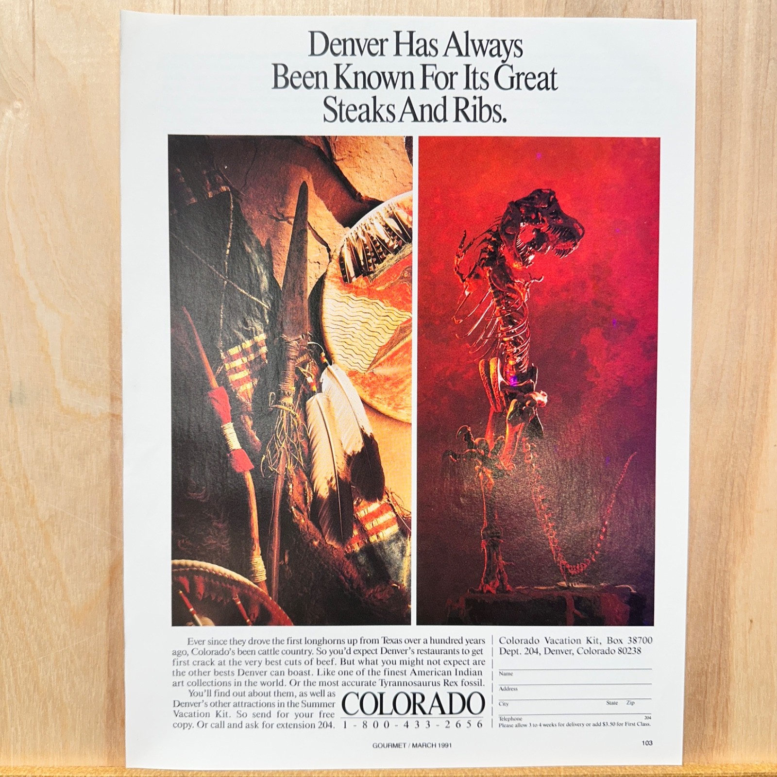 1991 Colorado Dinosaur Fossil Tourism Vintage Print Ad Travel Advert Art