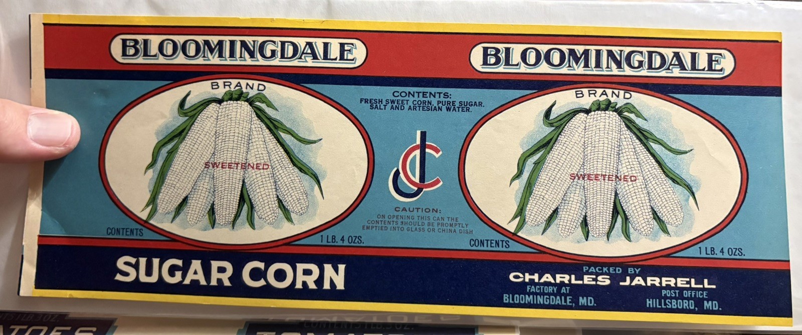 Bloomingdale Brand Sugar Corn Cannery Label, Bloomingdale, MD/Maryland.