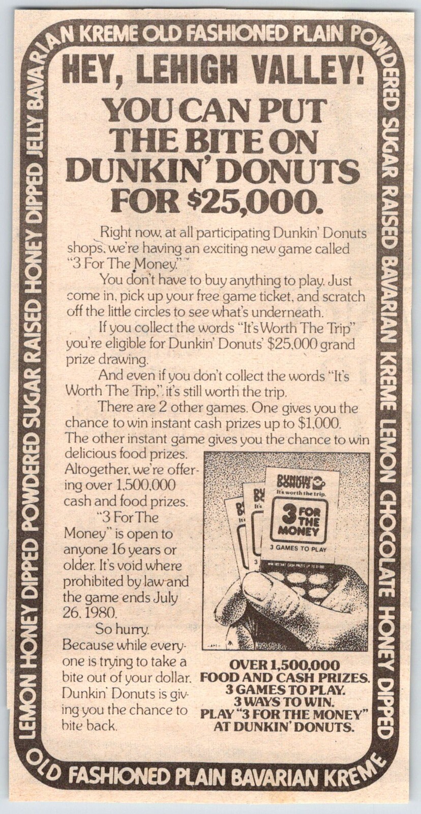 1980 DUNKIN DONUTS GAME LEHIGH VALLEY PA Vintage 6″X7.5″ Newspaper Ad 80’s M386