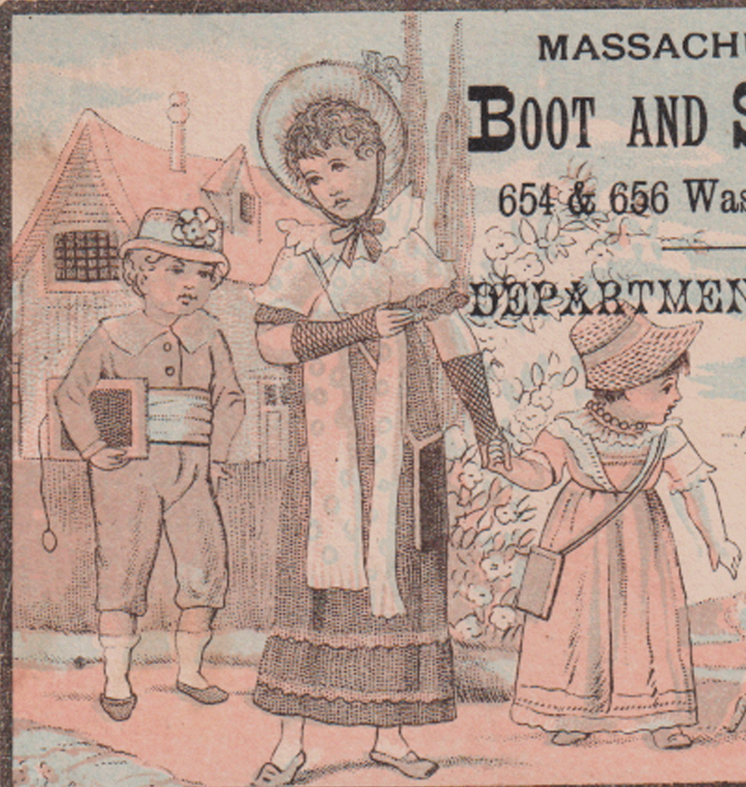 BOSTON TRADE CARD, K.GREENAWAY~ish GIRLS, MASSACHUSETTS BOOT & SHOE CO C1377