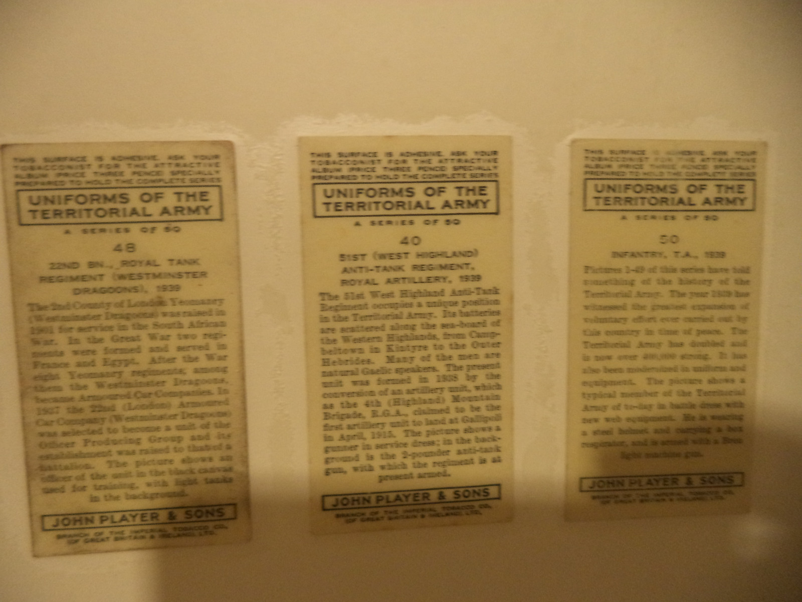John Player Uniforms Of The Territorial Army 1939. Set Of 5 Cigarette Cards VG