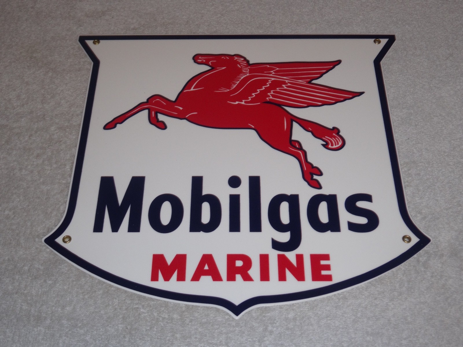 VINTAGE MOBIL MOBILGAS MARINE +PEGASUS 11 3/4″ PORCELAIN METAL GASOLINE OIL SIGN