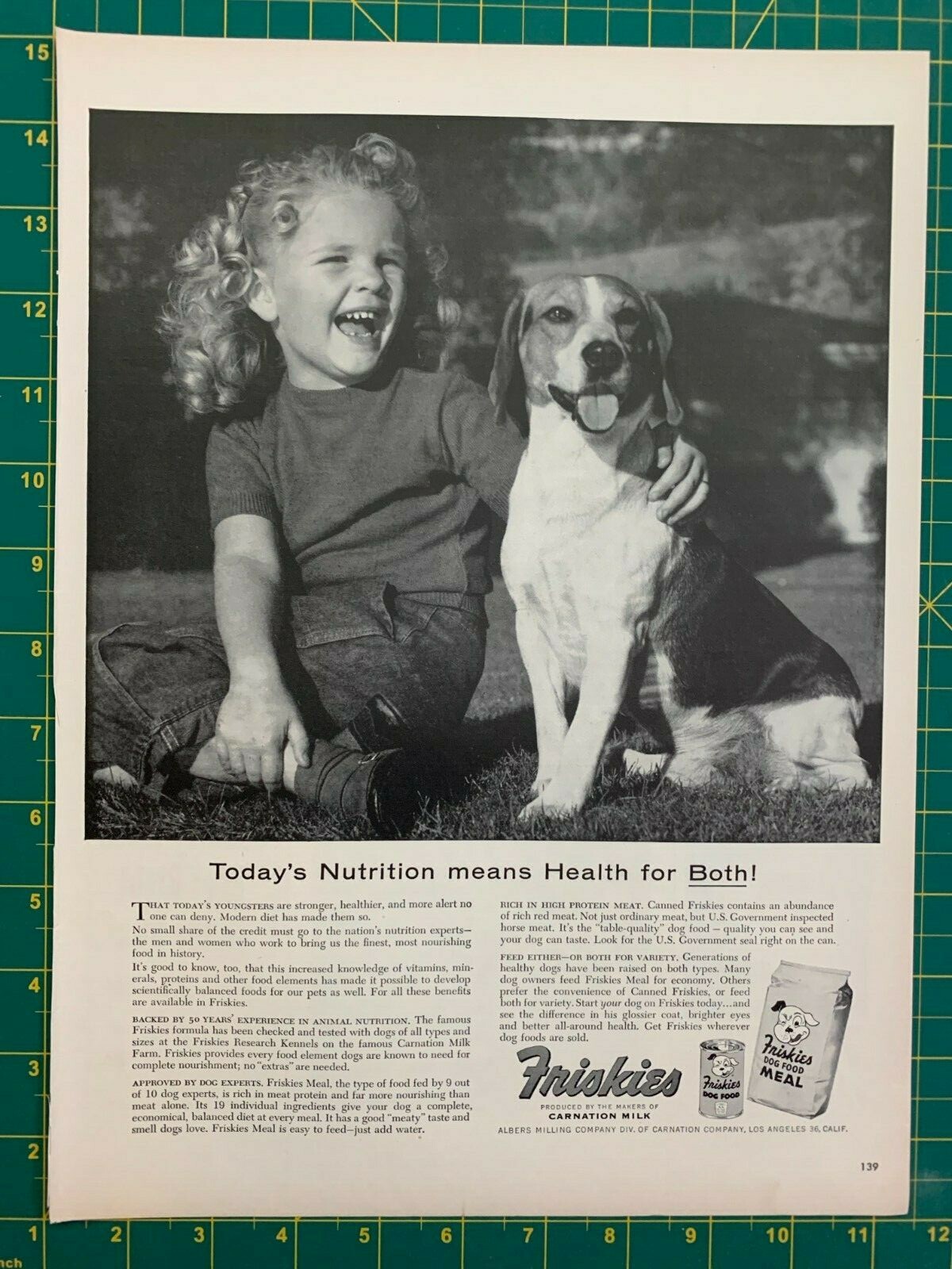 1954 Vintage Friskies Dog Food Meal Carnation Milk Little Girl Dog Print Ad C1