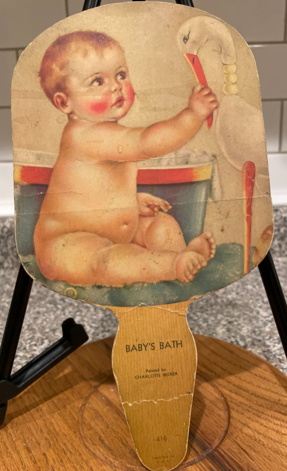 ANTIQUE 1920s Funeral Home ADVERTISING HAND FAN ART With Baby with bath
