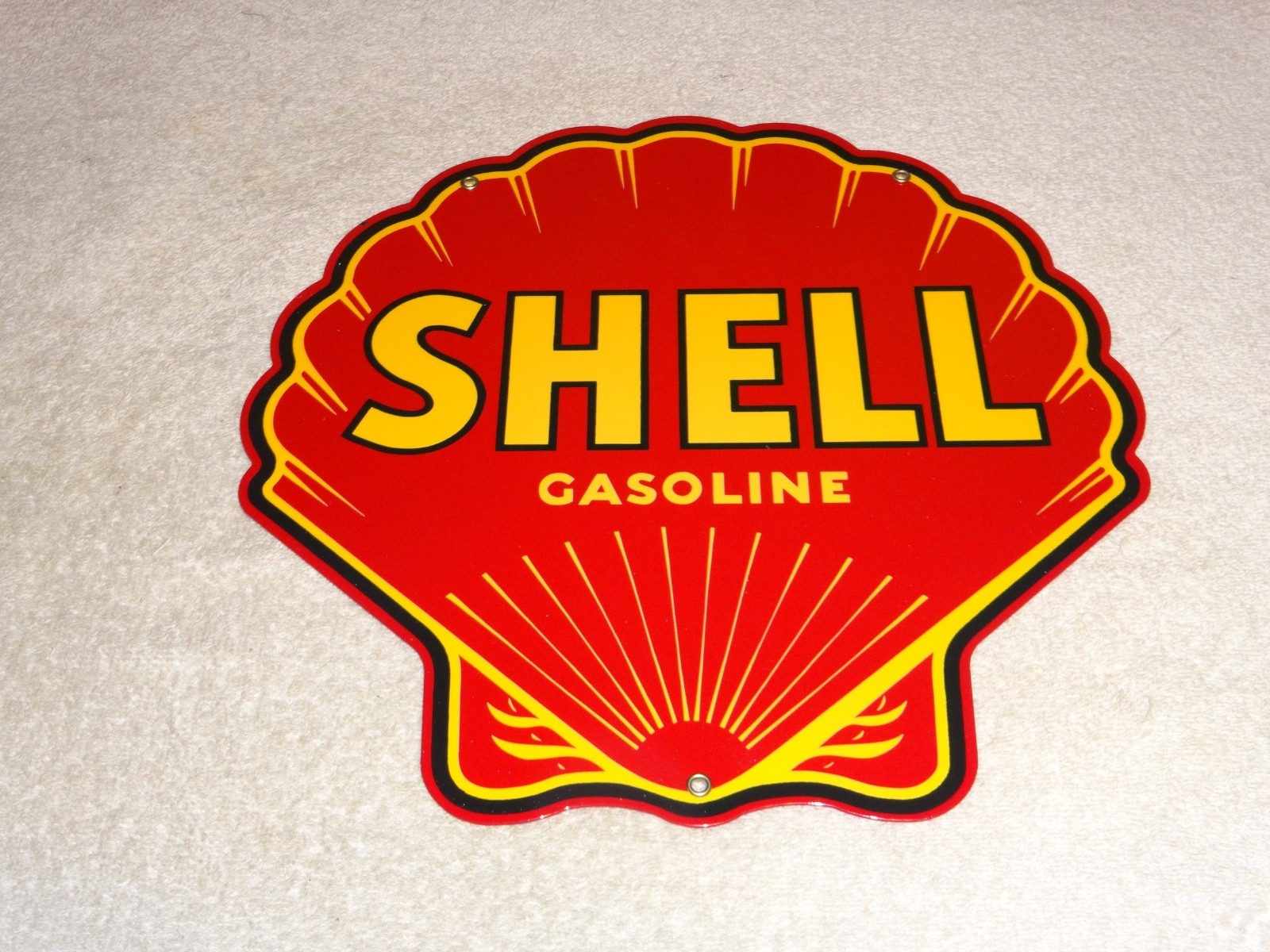 VINTAGE SHELL GASOLINE RARE RED 11 3/4″ PORCELAIN METAL SERVICE STATION OIL SIGN