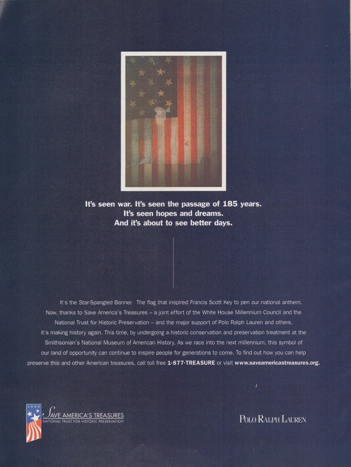 Vintage 1999 Polo Ralph Lauren Print Ad y2k Save Americas Treasures Flag USA