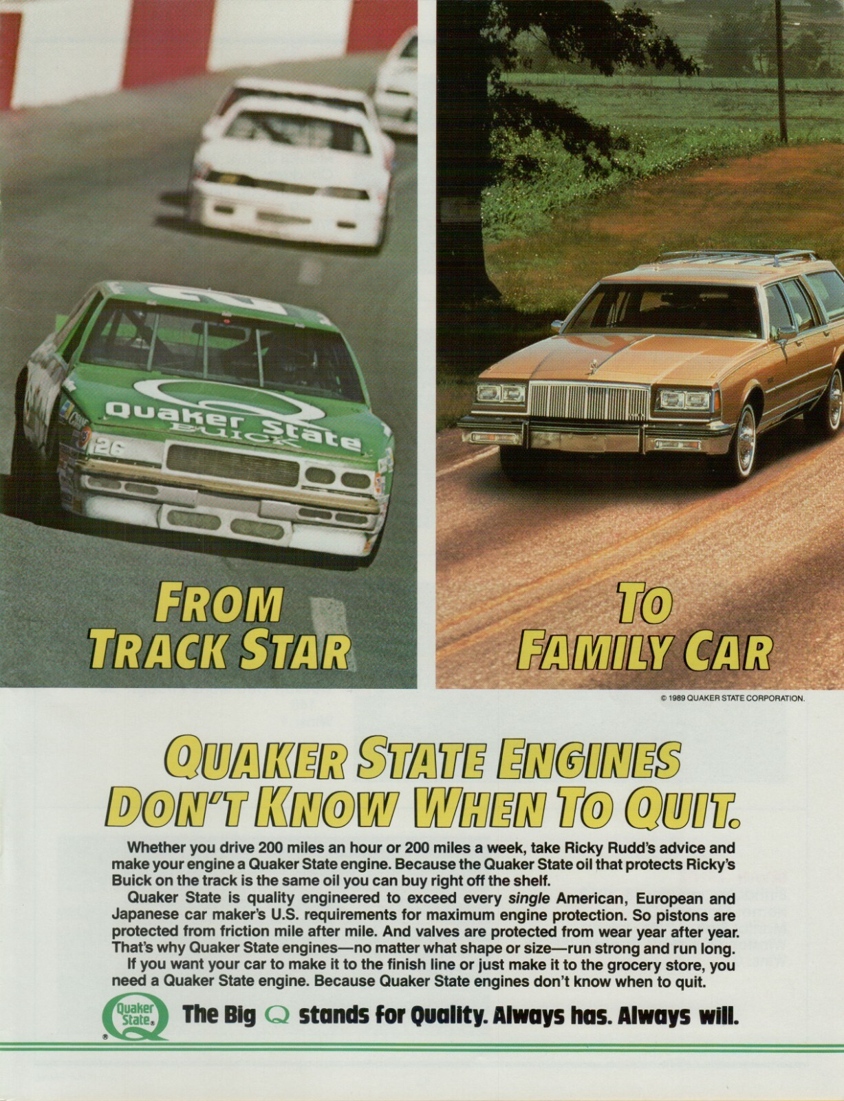 1989 Quaker State Ricky Rudd Buick NASCAR Track Station Wagon VINTAGE PRINT AD