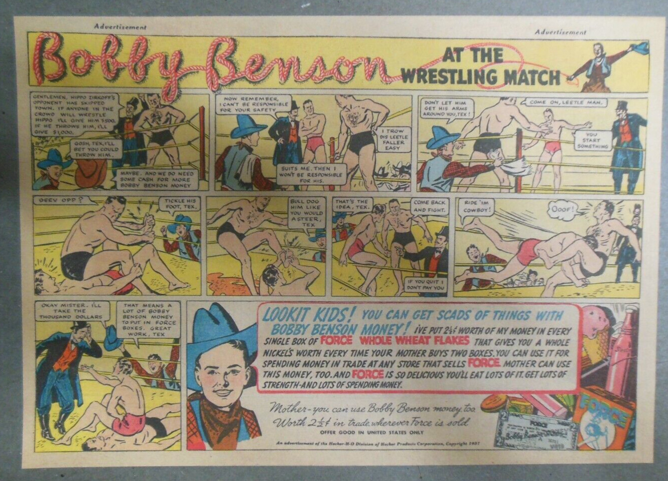 Force Cereal Ad: Bobby Benson Premium from 1937 7 x 10 inches “Wrestling Match”