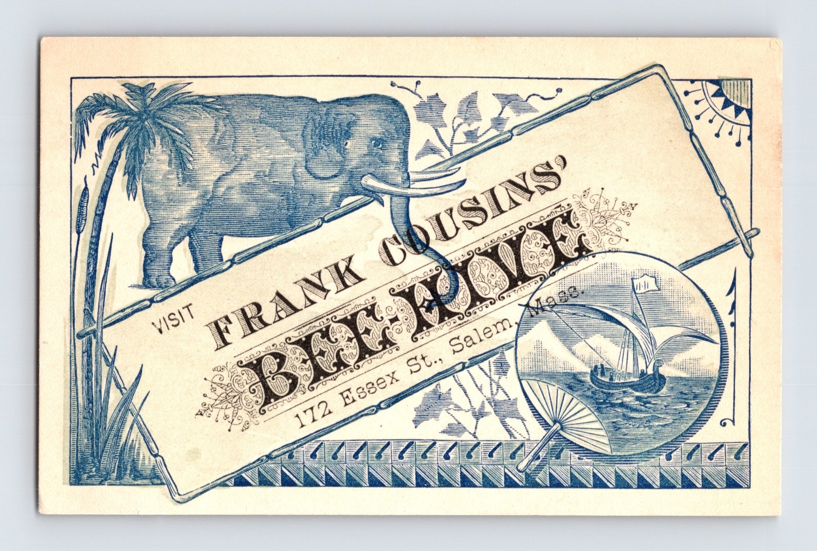 Salem Massachusetts Bee Hive Frank Cousins Elephant 1890s Trade Card 4 x 2.5