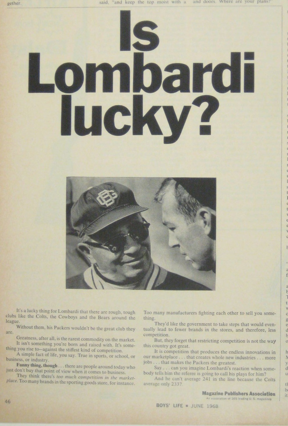 Vintage 1968 Boys Life Magazine Page Is Lombardi Lucky Headline Football Print