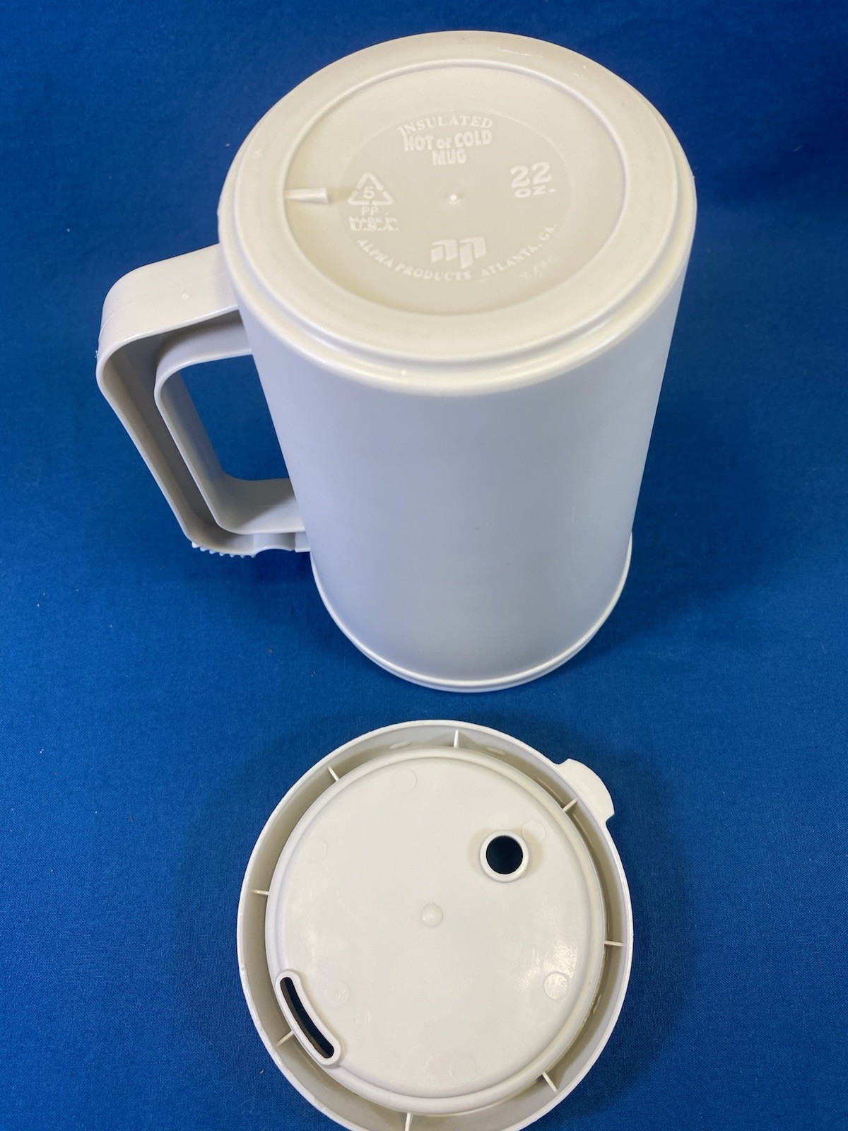 Vintage 22 Oz. Beige Snap On Lid Travel Mug Alpha Products Made In USA