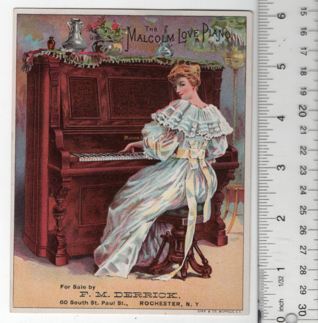 Malcolm Love Piano Lady in White Victorian Trade Card 5″x6″ VTC-XD02