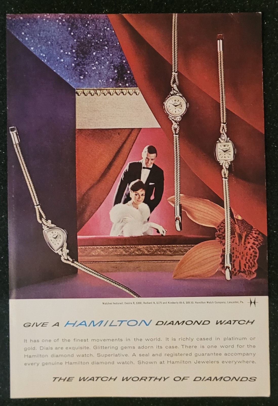 1961 Hamilton Watches VTG 7×10″ Print Ad 1960’s Give a Hamilton Diamond Watch