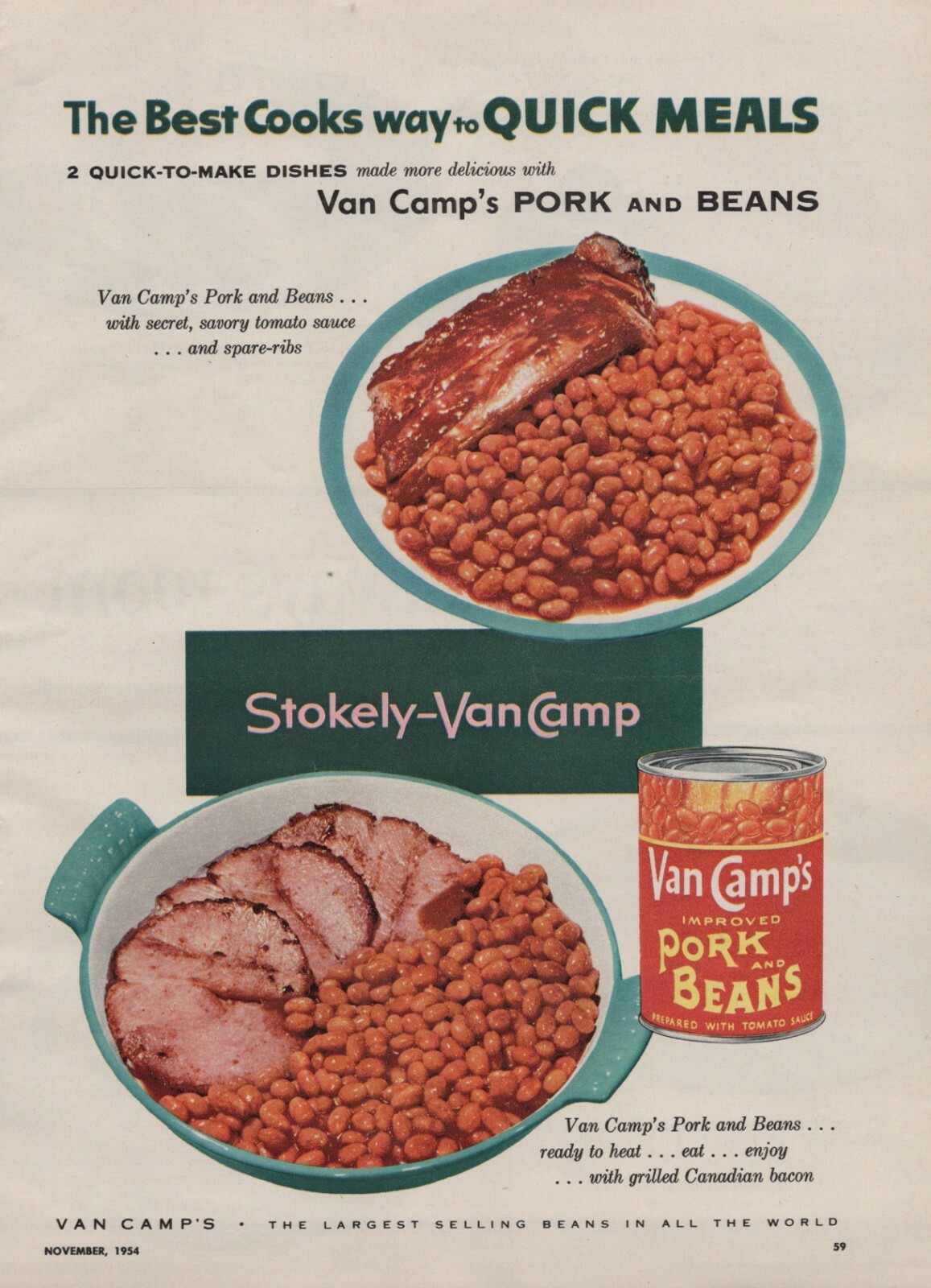 Vintage Van Camps Pork and Beans Magazine Ad Page 1950s mid century approx 11×8