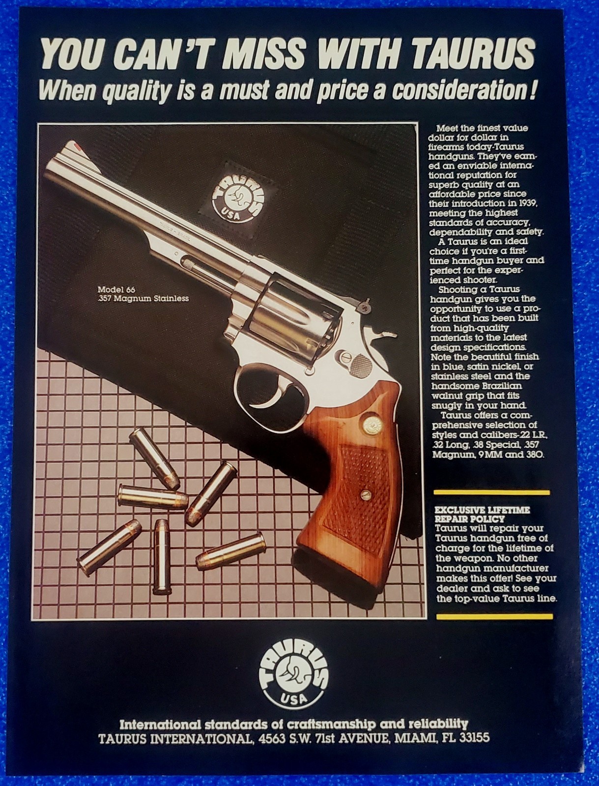 1987 TAURUS MODEL 66 STAINLESS .357 REVOLVER / PISTOL / GUN ORIGINAL PRINT AD