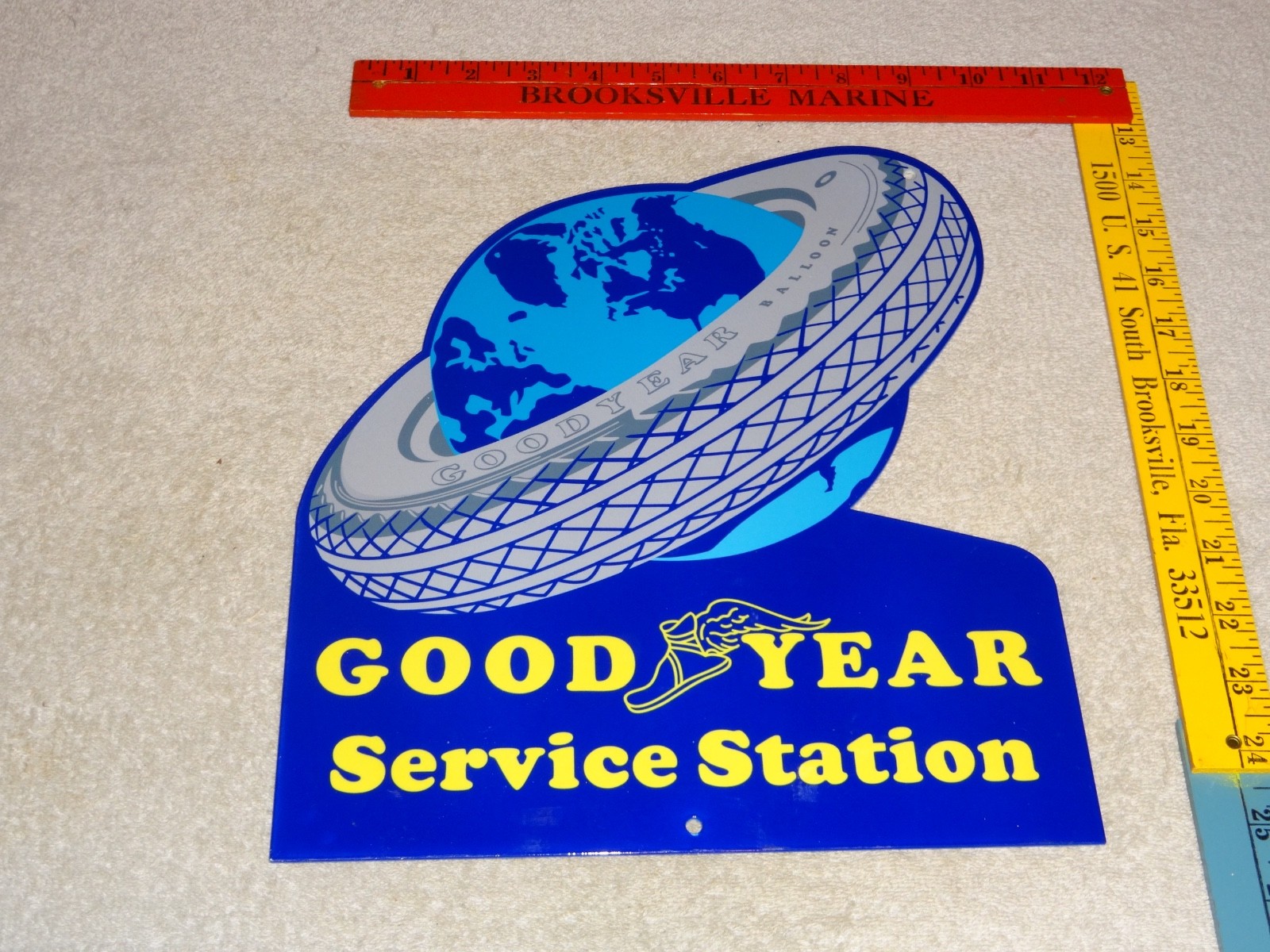 VINTAGE GOODYEAR SERVICE STATION TIRE AROUND WORLD 12″ ENAMEL METAL GAS OIL SIGN