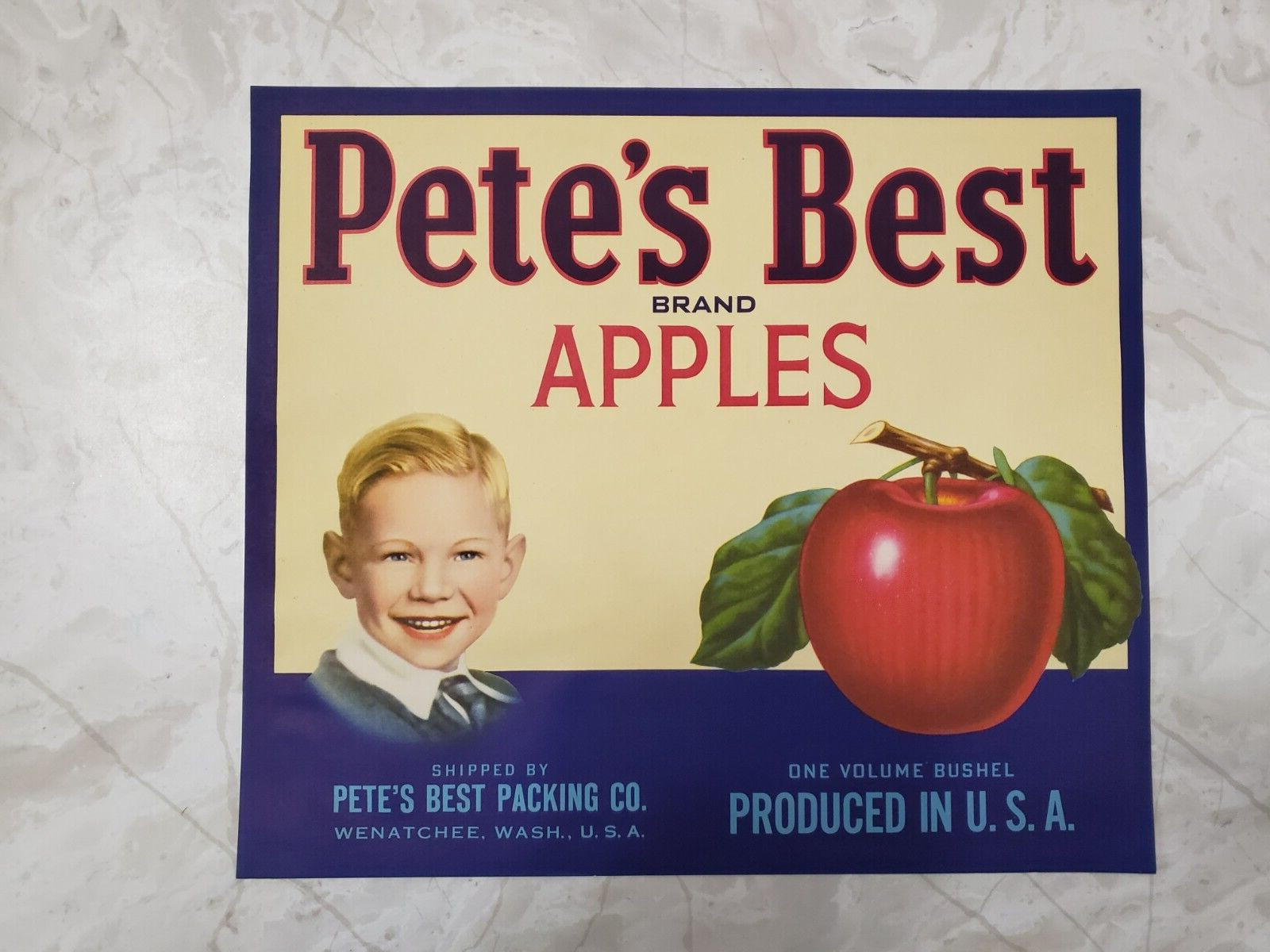 ORIGINAL PETE’S BEST APPLE WOOD CRATE LABEL Pete’s Best Packing Co Wenatchee WA