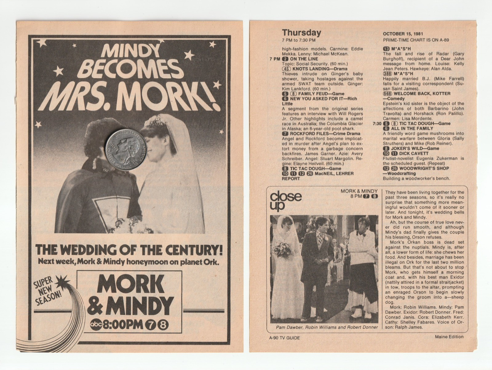 Vintage 1981 MORK & MINDY Magazine AD ~ WEDDING Episode ~ ROBIN WILLIAMS