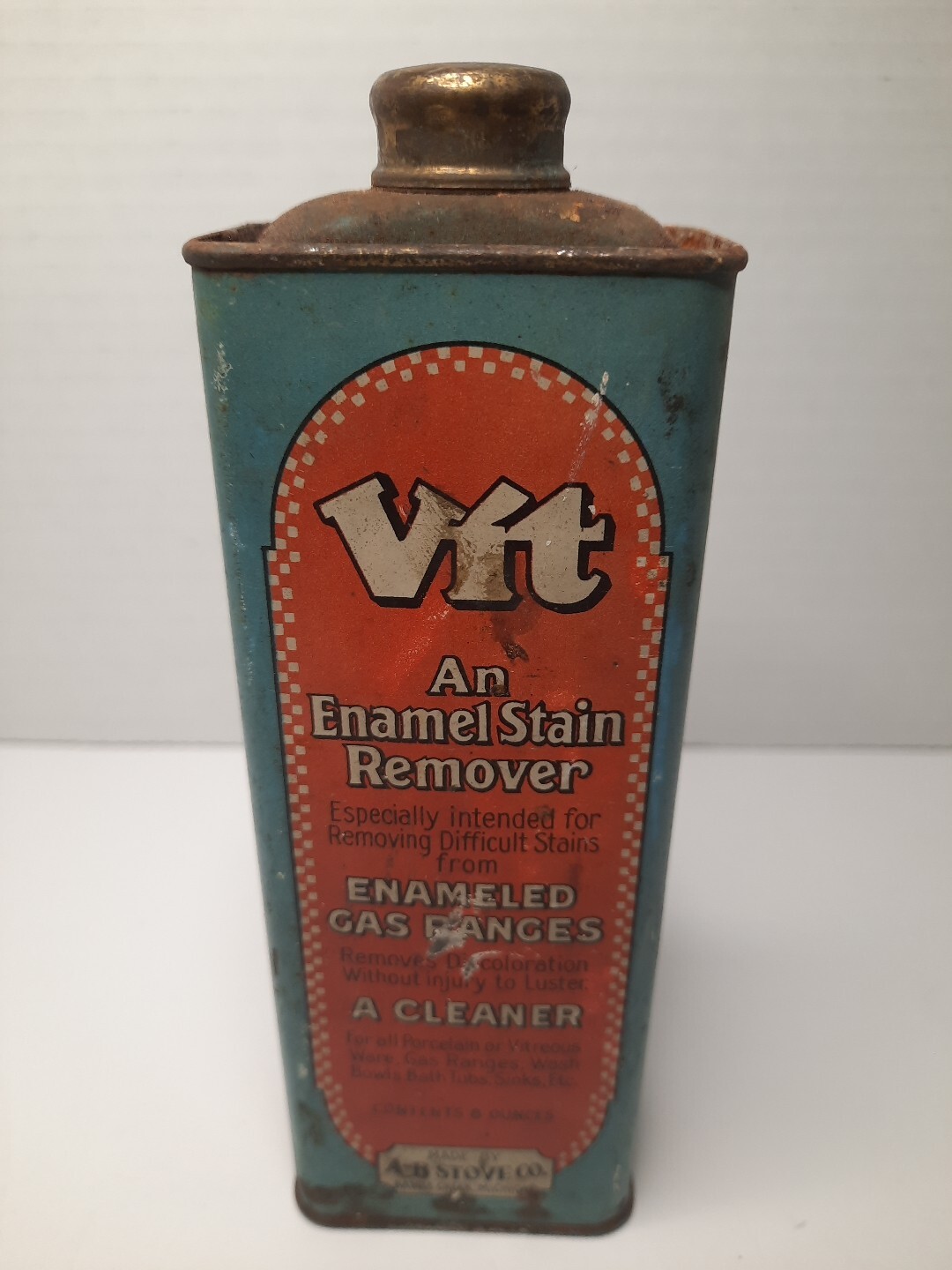 Vintage VIT Enamel Stain Remover Full Can Tin A-B Stove Co. Battle Creek, Mich