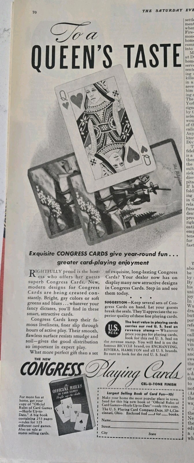 1939 United States Congress Playing Cards Queen’s Taste Vintage Ad