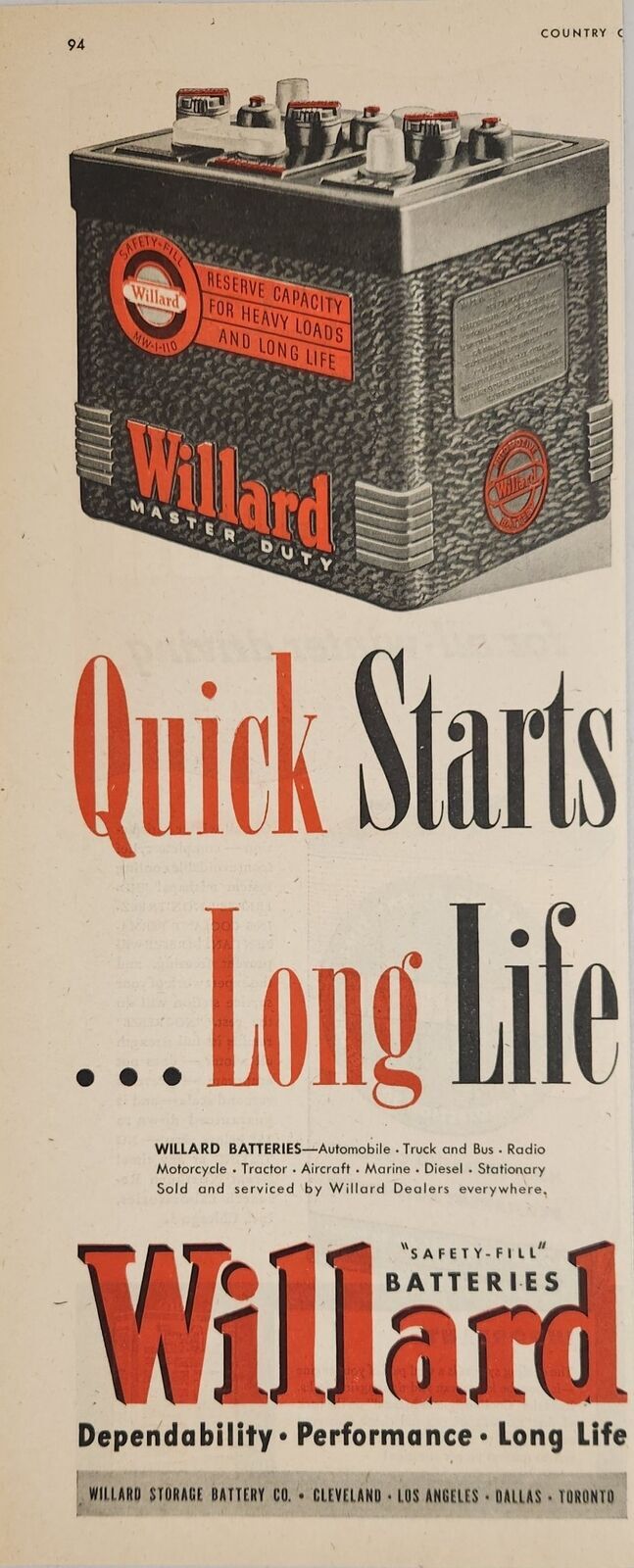 1947 Print Ad Willard Safety Fill Batteries for Cars,Trucks,Buses,Motorcycles