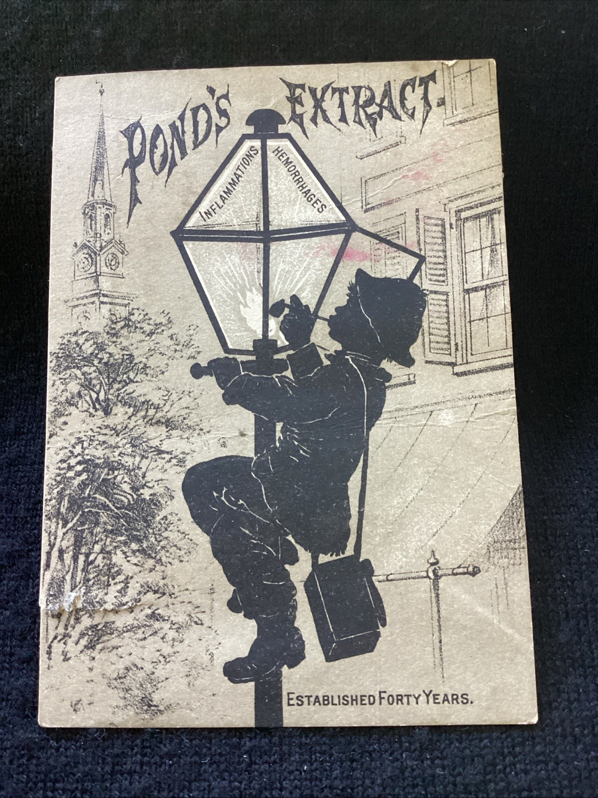 Victorian Trade Card Pond’s Extract Co NY Lamplighter Street Light 4 x 2.5