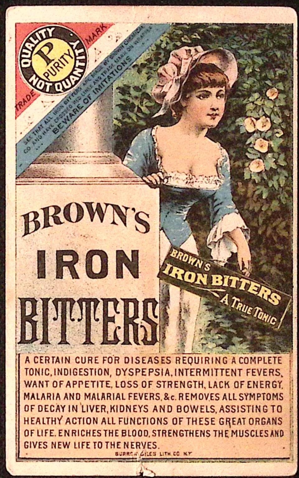 Browns Iron Bitters True Tonic Victorian Trade Card Quack Medicine Hollyhocks