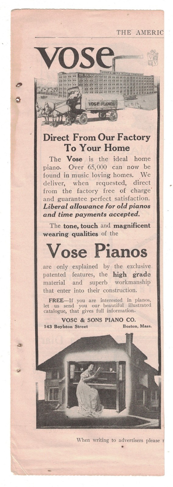 Magazine Ad – Vose Painos Boston circa 1910