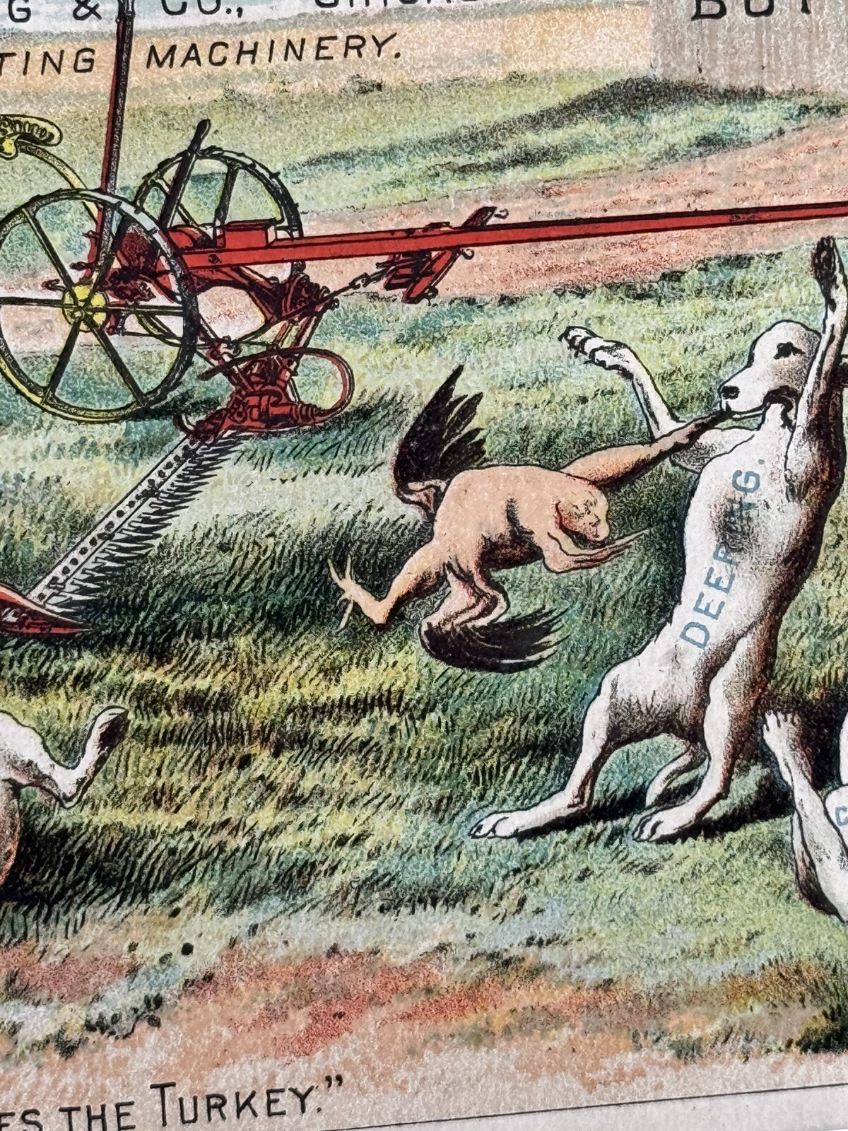 Fantastic Victorian Trade Card “W. Deering Co.” Harvesting Machinery w/ Dogs *