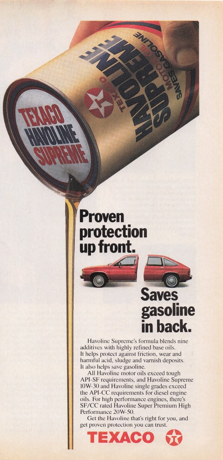 Vintage Texaco Havoline Supreme Motor Oil Magazine Ad 1980s Red Car