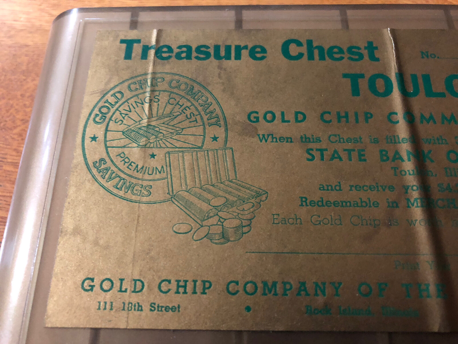 Vintage Gold Chip Co Treasure Chest State Bank Of Toulon Gold Chip/Green Stamp