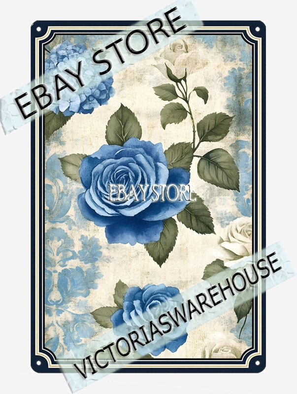 Blue Rose Metal Tin Sign Floral Cottage charming cottage style