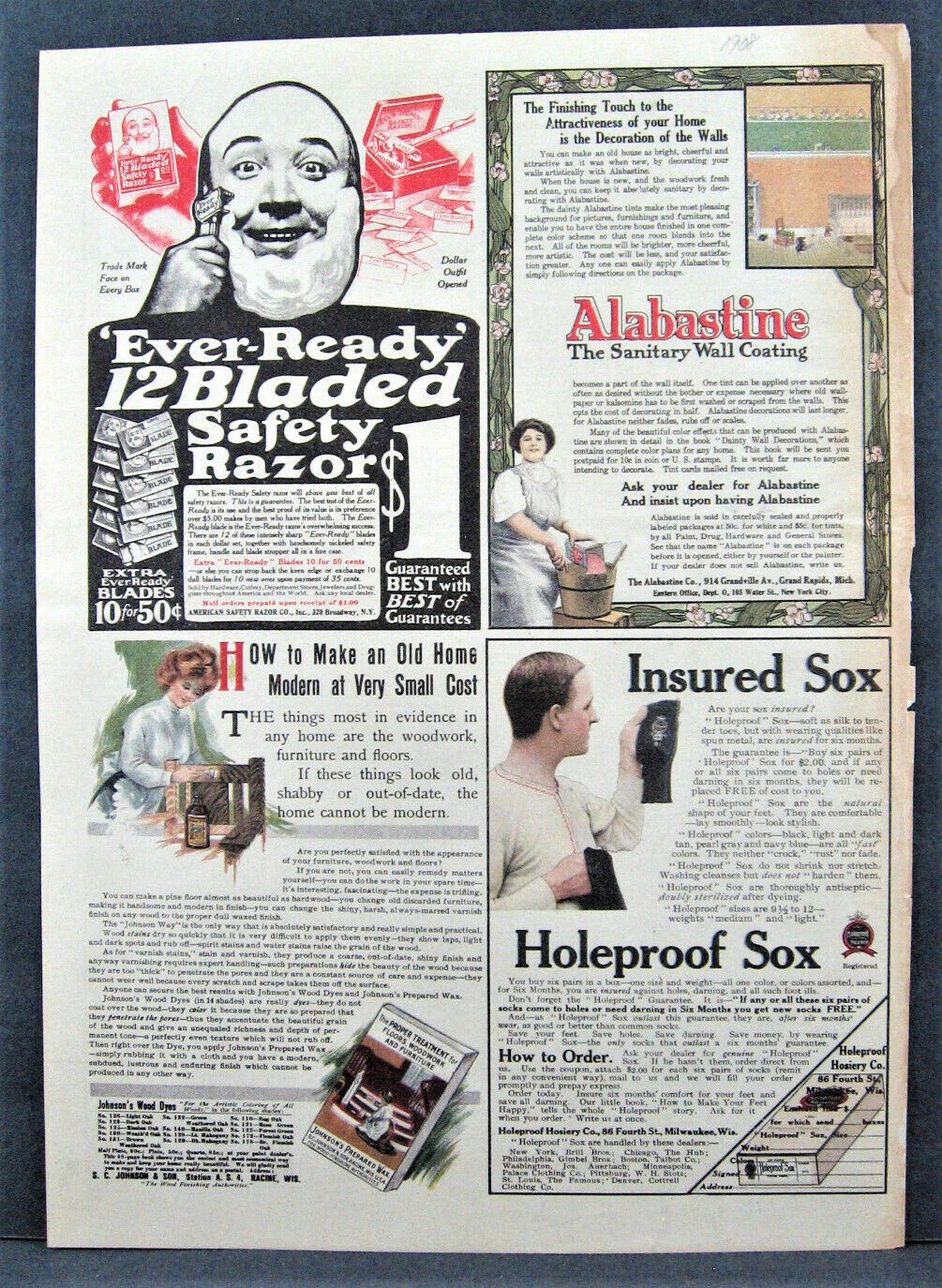 Vintage 1908 Magazine Full Page Ad Ever Ready Razor Holeproof Sox Albastine