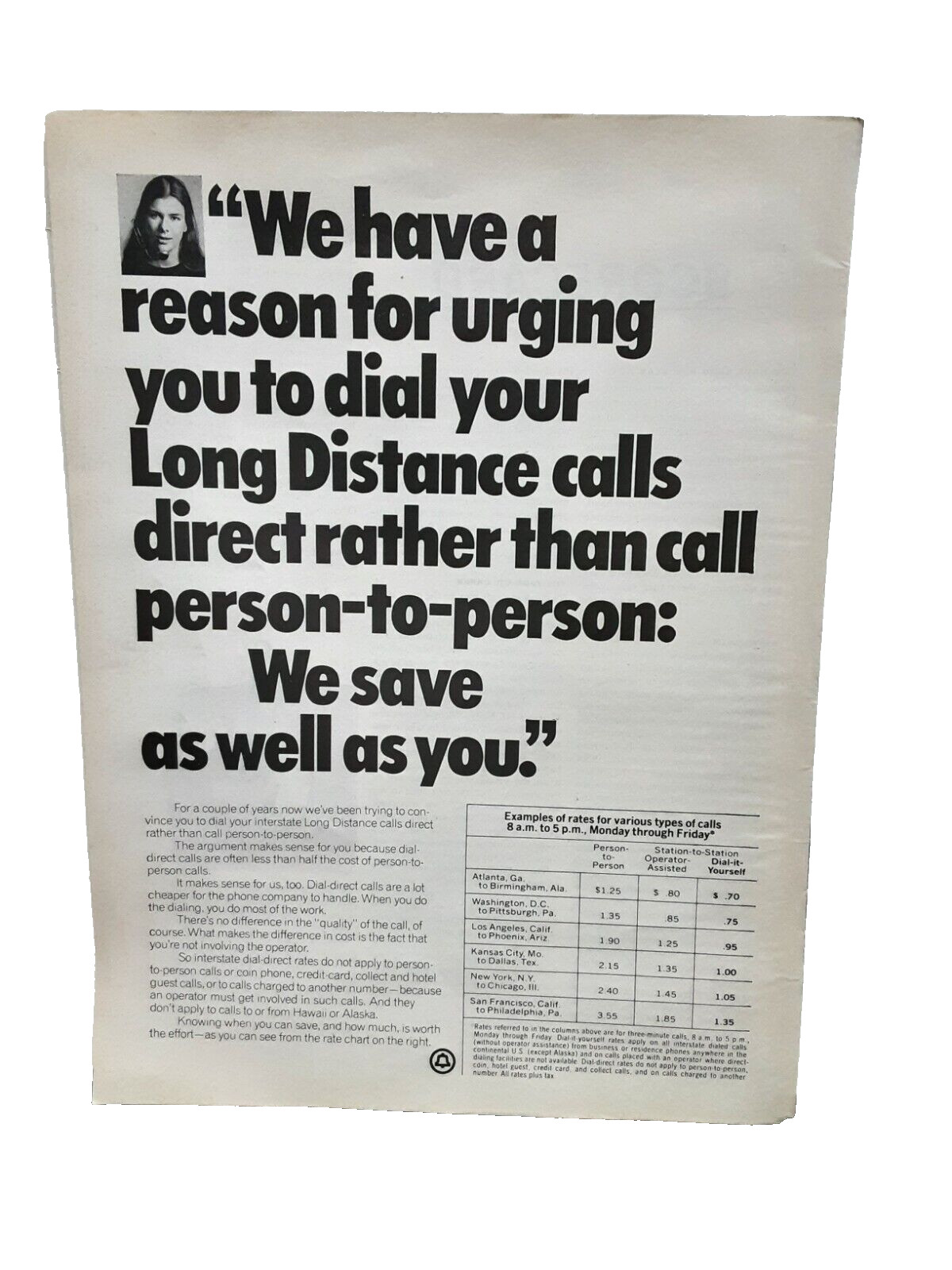 1972 Bell Telephone Long Distance Calls Original Print ad 70s