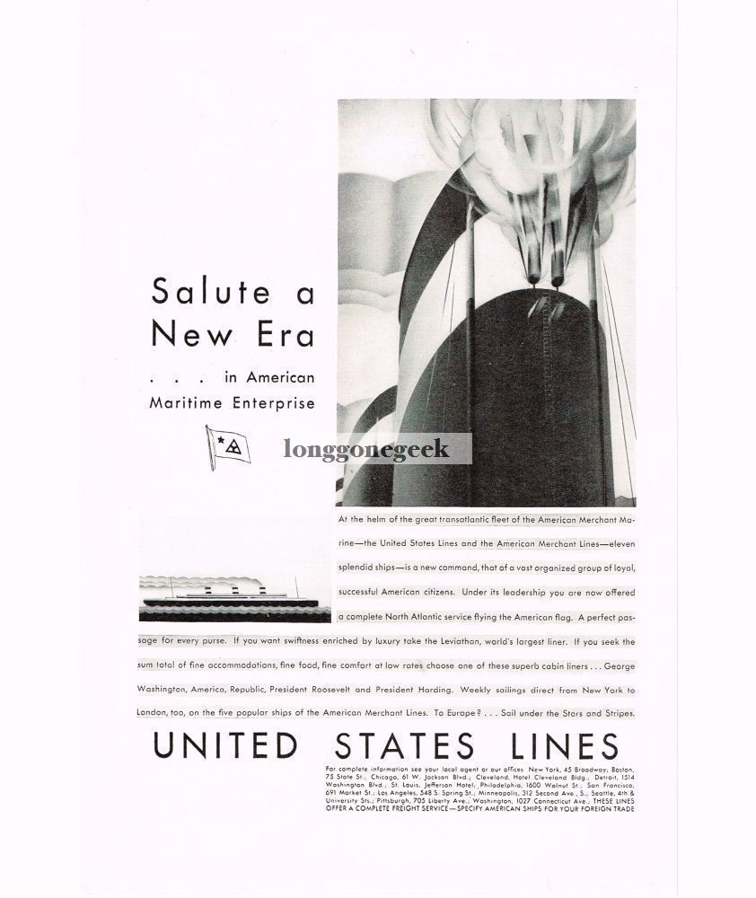 1929 United States Lines Ocean Liner art Vintage Print Ad