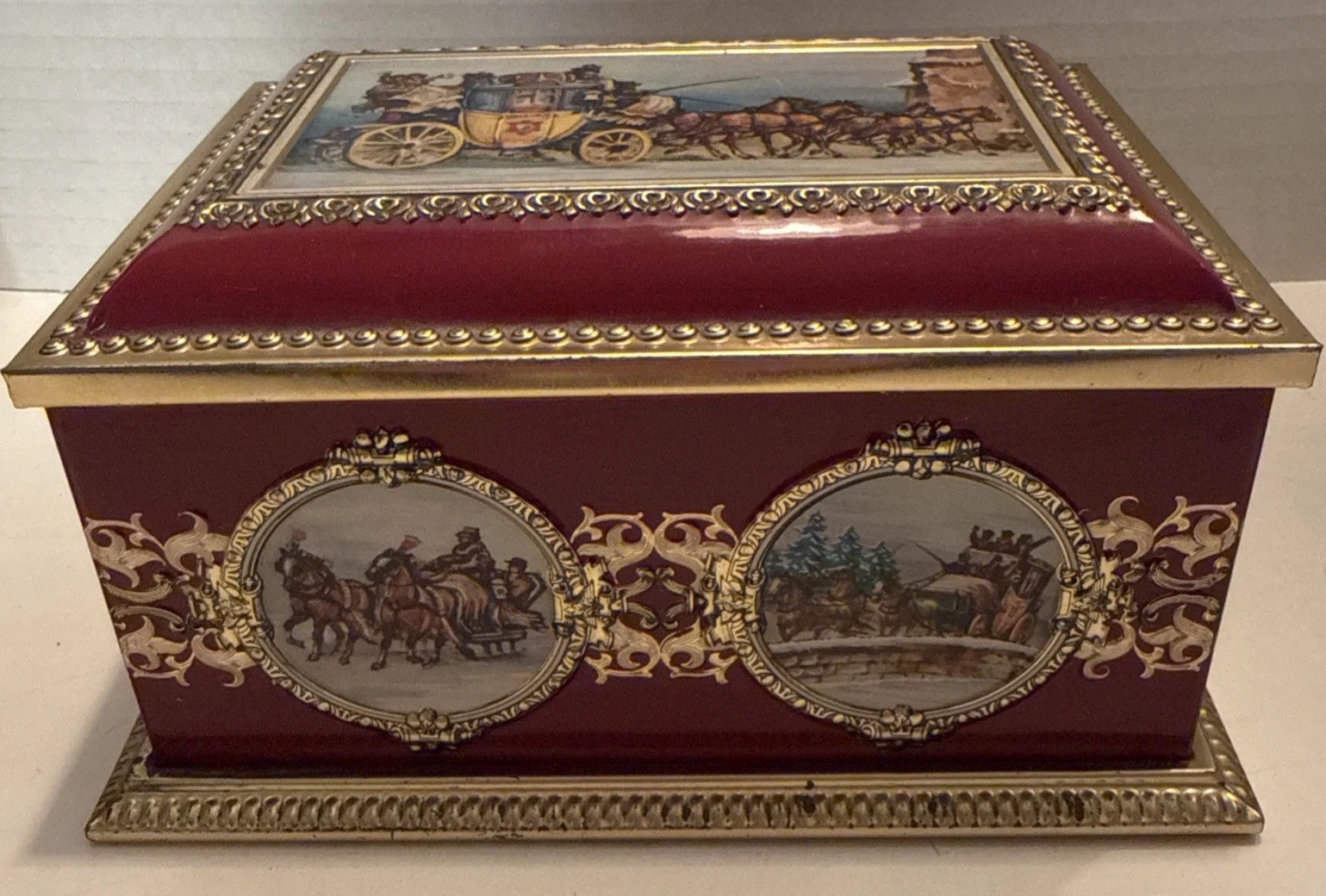 Klann Quality Hinged Lid Metal Tin With Stage Coach Scenes. Made In Germany -EUC