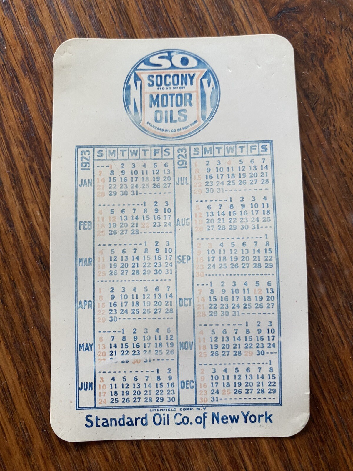 SOCONY Motor Oils Plastic 1923/1924 Calendar