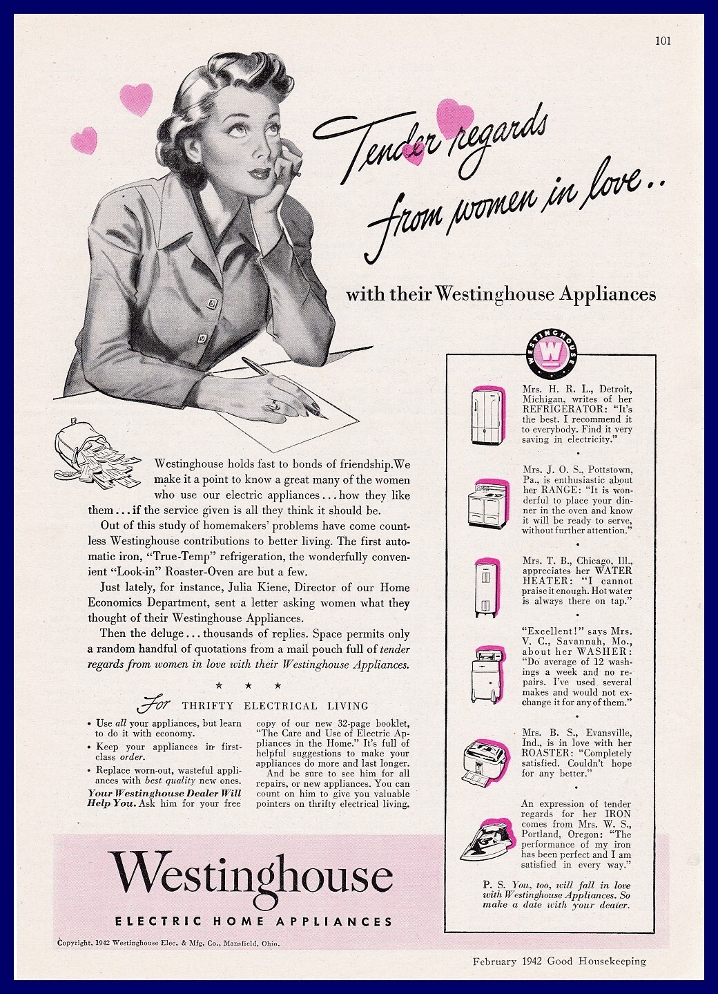 1942 Vintage Print Ad Westinghouse Appliances Home Kitchen Happy Housewife Love